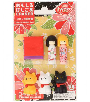 Iwako Puzzle Eraser - Doll & Lucky Cat  - (Made in Japan)