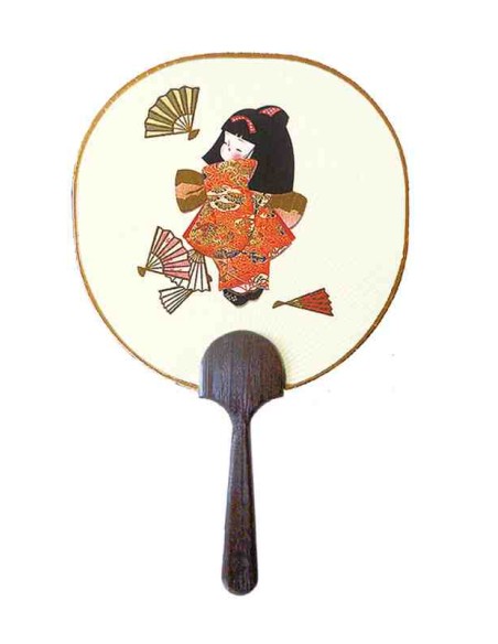 Chikyu Greetings - Cartão em forma de leque Uchiwa - Desenho de uma menina com leques Sensu