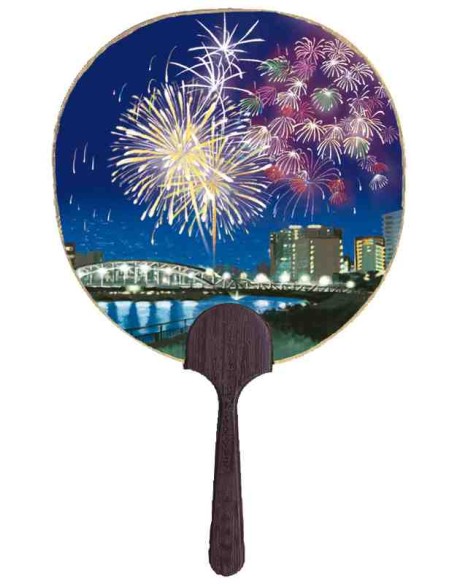 Chikyu Greetings - Cartão em forma de leque Uchiwa - Desenho de fogos de artifício