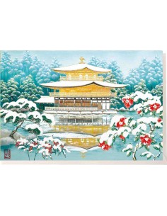 Chikyu Greetings - Cartão japonês - Kinkaku-ji Nevado e Camélias