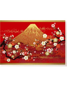 Chikyu Greetings - Cartão japonês - Monte Fuji ao Pôr do Sol e Ameixeiras
