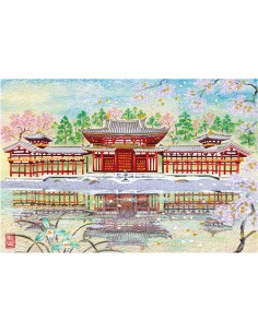 Chikyu Greetings - Cartão japonês - Templo Byodo-in e Cerejeiras