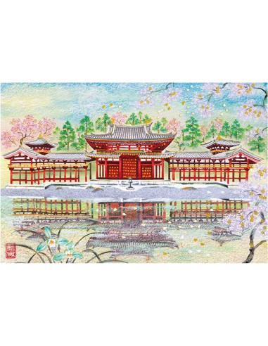 Chikyu Greetings - Cartão japonês - Templo Byodo-in e Cerejeiras